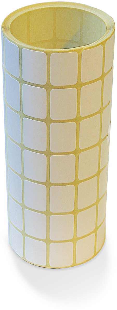 Rollo de etiquetas adhesivas blancas.